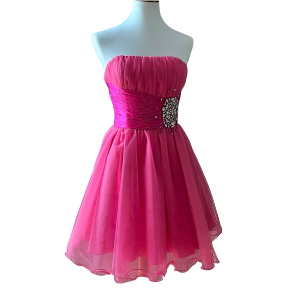 Formal Strapless Mini Dress Small Homecoming Retro Dress Fit n Flair Hot Pink - Picture 10 of 17